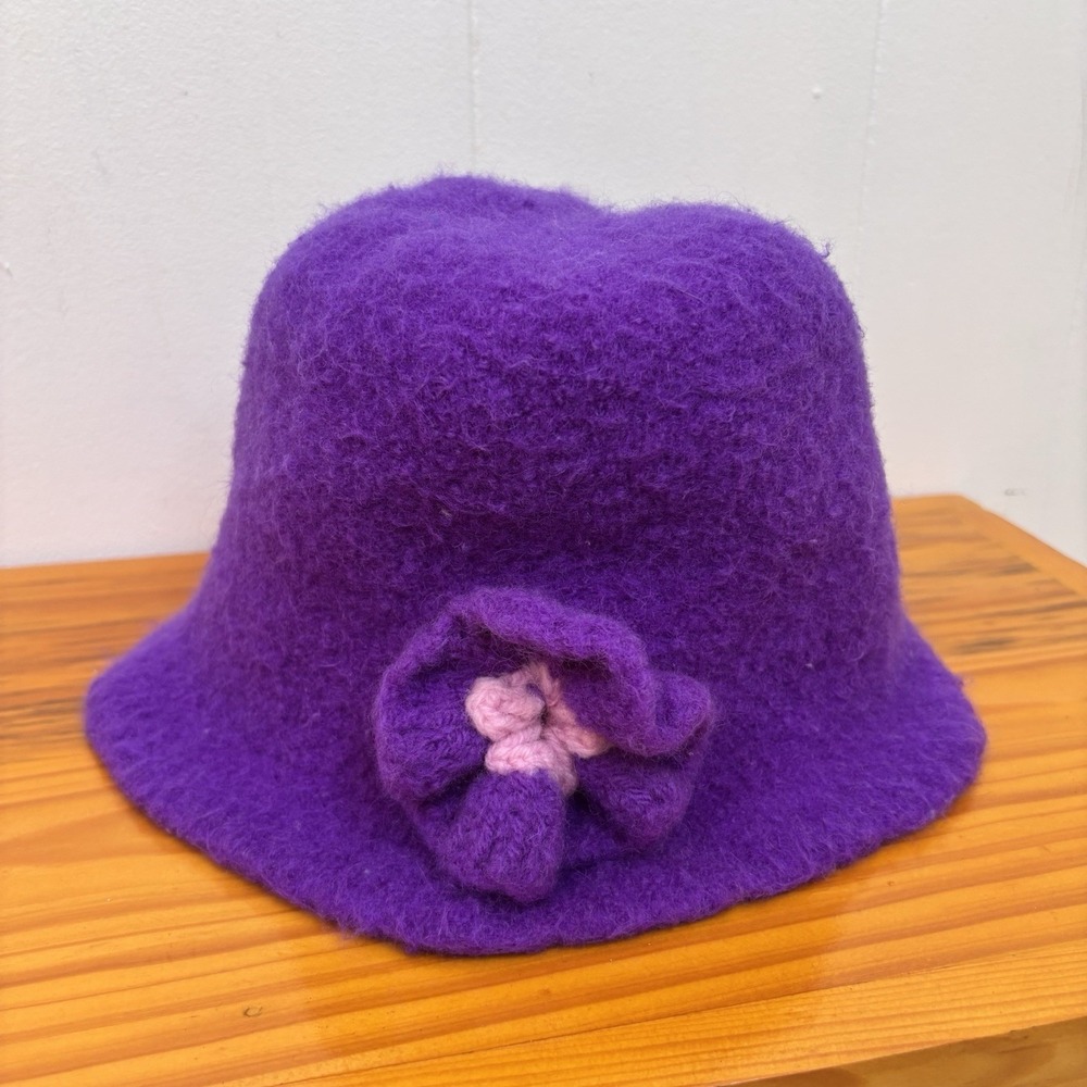 Handmade Y2K Girls Purple Pink Wool Felted Cloche Hat 4-6 Years Flower Accent